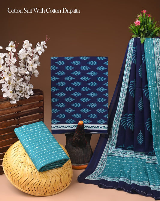 Hand Block Printed Cotton Suit With Mulmul Dupatta