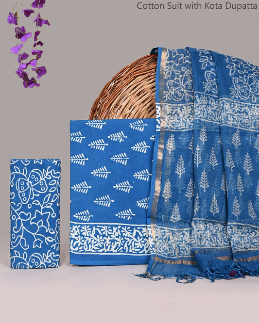 Exclusive Hand Block Printed Cotton Suit With Kota doria Dupatta