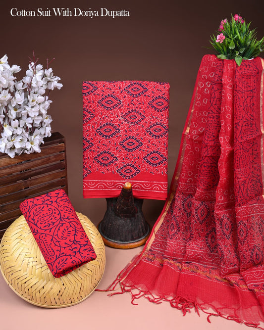 Exclusive Hand Printed Cotton Suit With Kota Doria Dupatta