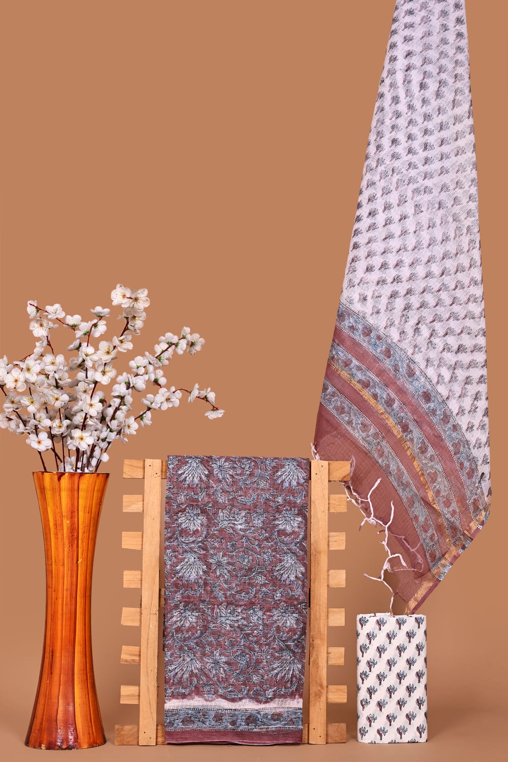 Premium Kota Cotton Hand Block Print Dress Material with Dupatta