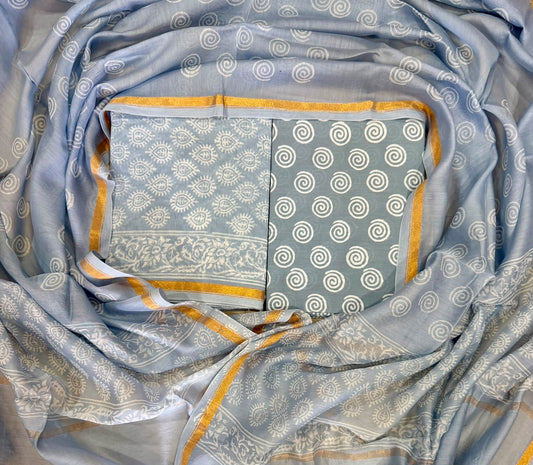Hand Block Printed Chanderi Silk Suit Set