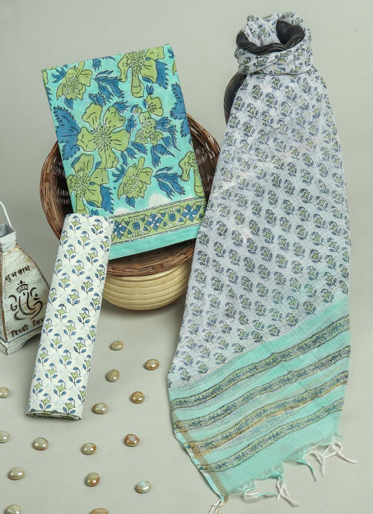 Exclusive Hand Block Printed Cotton Suit With Kota doria Dupatta