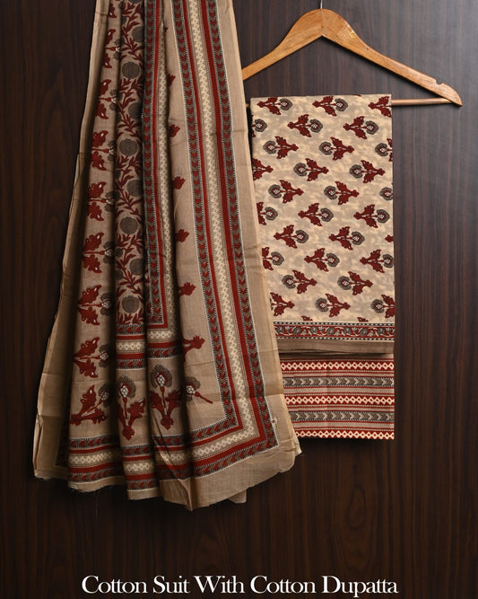 Traditional Hand Block Printed Cotton Suit with Matching Cotton Dupatta