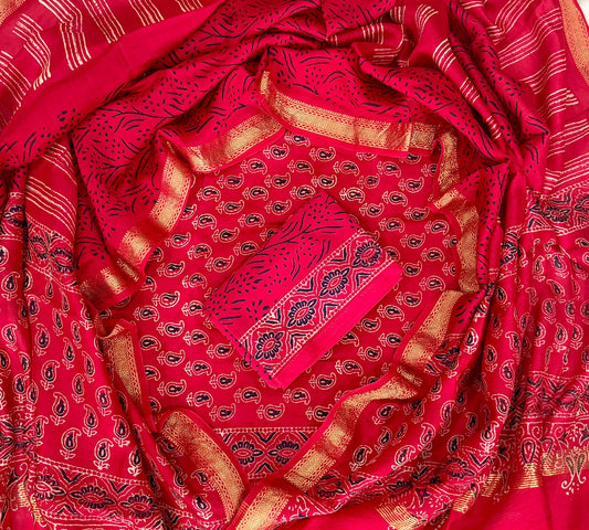 Exclusive Hand Block Print Maheshwari Silk Zari Border Suit