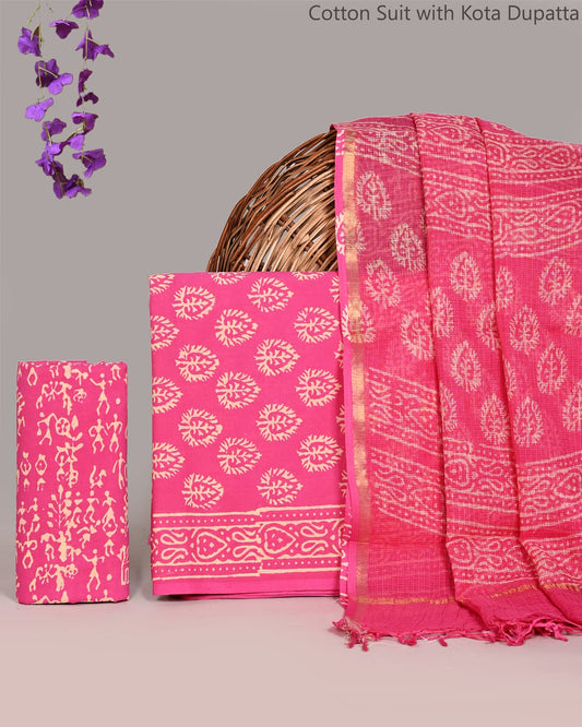 Exclusive Hand Block Printed Cotton Suit With Kota Doria Dupatta