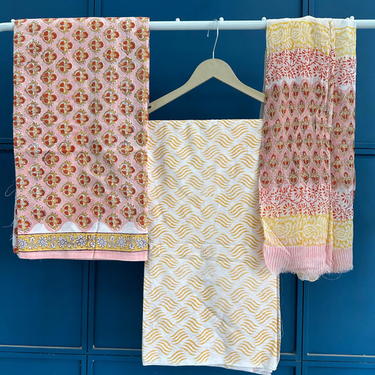 Hand Printed Soft Cotton Suit With Chiffon Dupatta