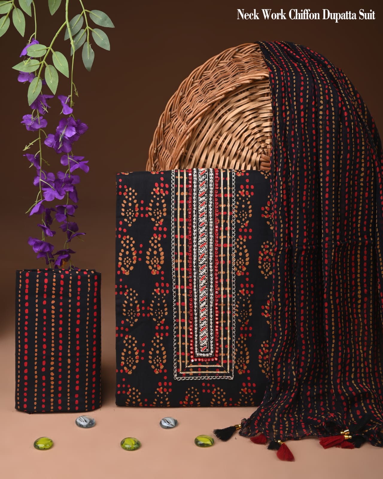 Organic Cotton Gota Patti Work Suit With Chiffon Dupatta