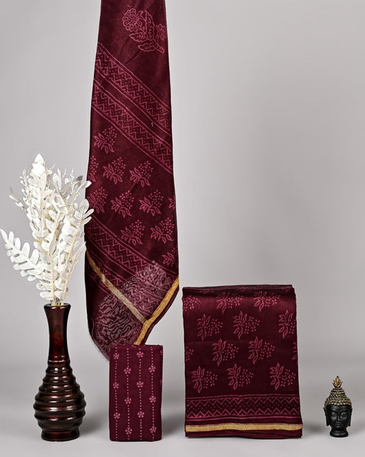 Hand Block Printed Chanderi Silk Suit Set