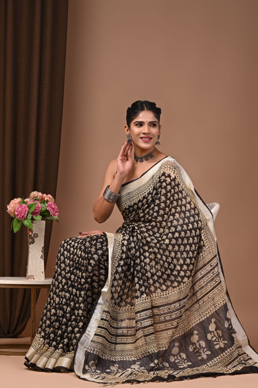 Premium  Hand Block Printed Pure Linen Saree