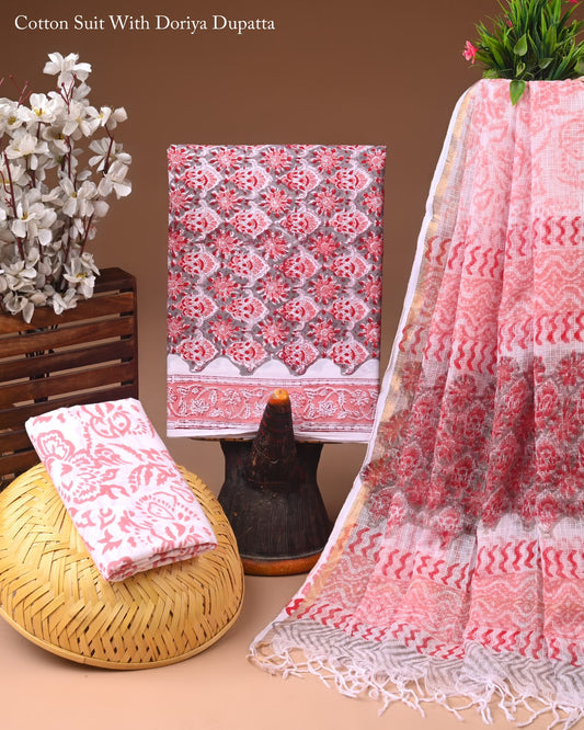 Exclusive Hand Block Printed Cotton Suit With Kota Doria Dupatta