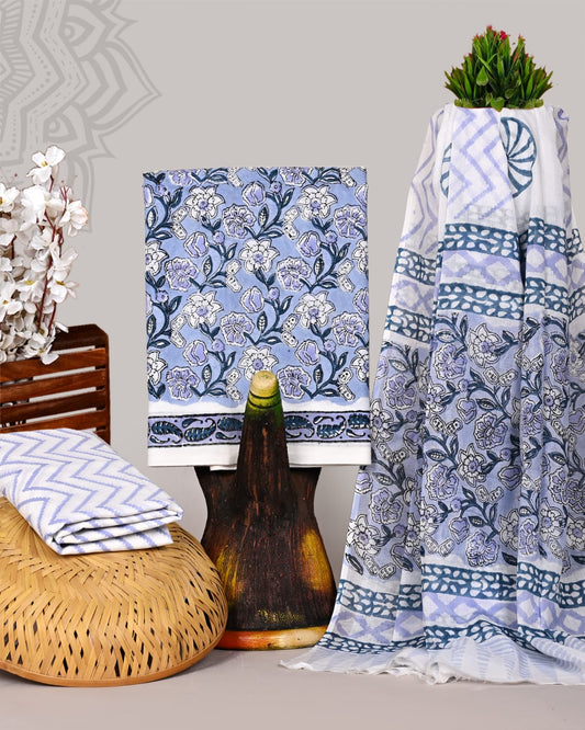 Hand Block Printed Organic Cotton Suit With Mulmul Dupatta