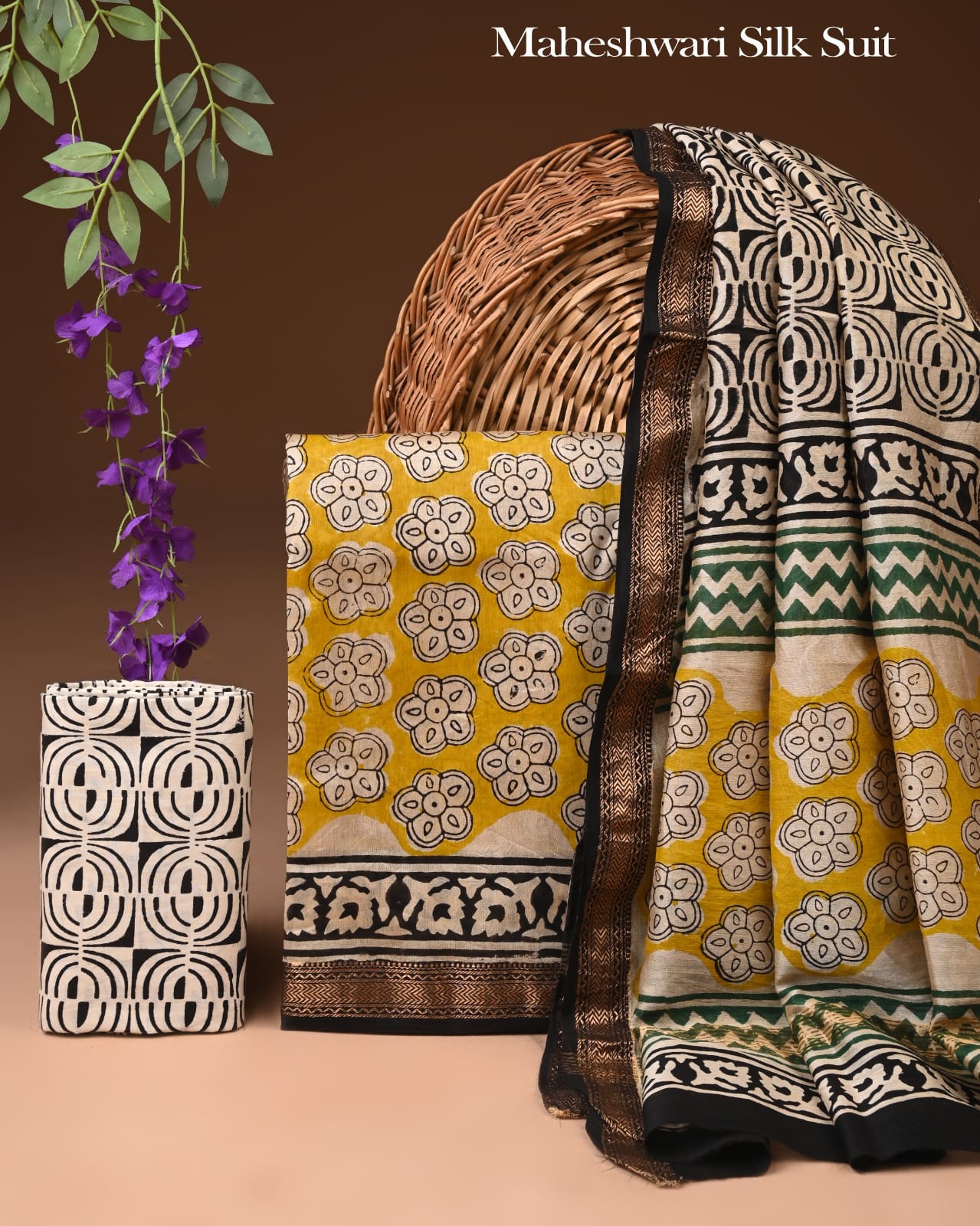 Bagru Hand Blcok Print Maheshwari Silk Suit Set