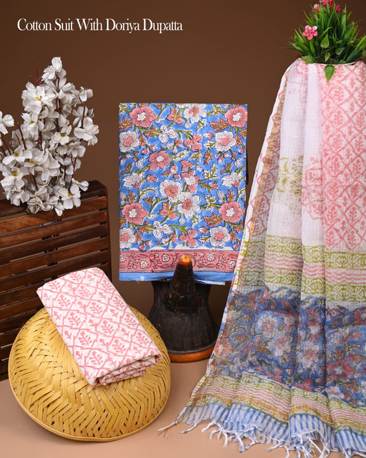 Hand Block Printed Cotton Suit With Kota Doria Dupatta