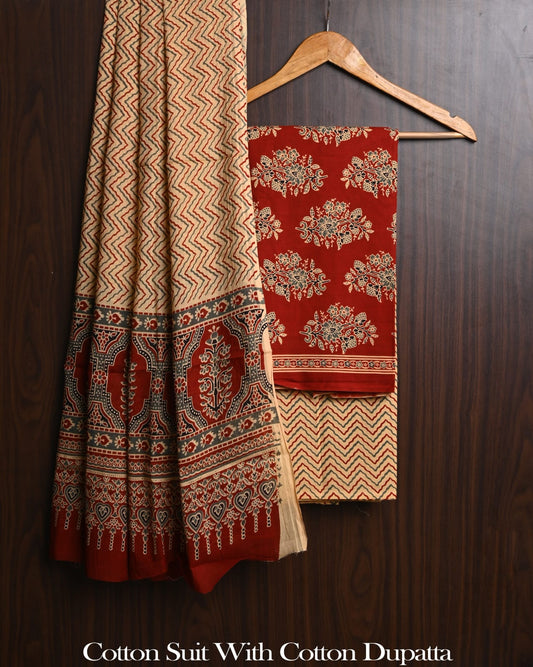 Bagru Print Soft Cotton Suit Set With Mulmul Dupatta