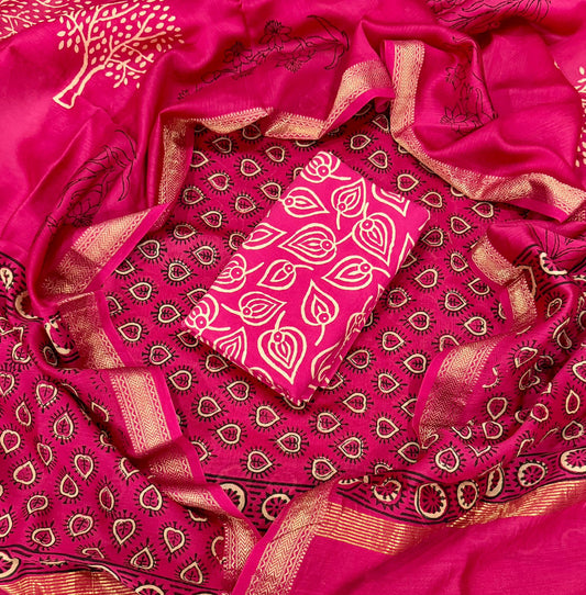Hand Block Printed  Maheshwari Silk Suit Set