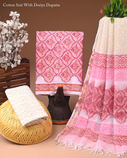 Premium Hand Block Printed Cotton Suit With Kota Doria Dupatta