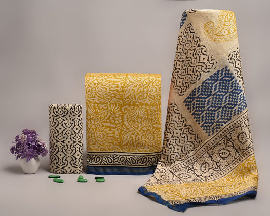 Yellow Hand Block Print Chanderi Silk Suit Set