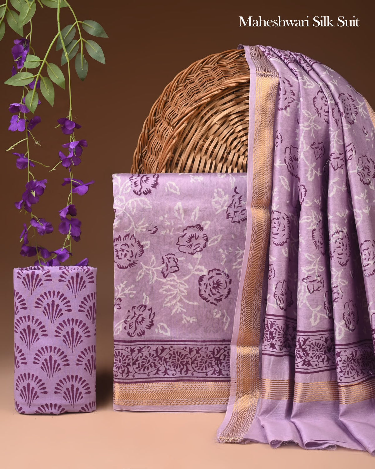 Exclusive Hand Block Print Maheshwari Silk Suit Set