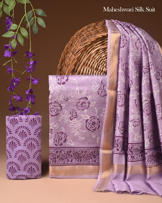 Exclusive Hand Block Print Maheshwari Silk Suit Set