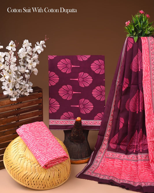 Hand Block Printed Soft Cotton Suit With Mulmul Dupatta