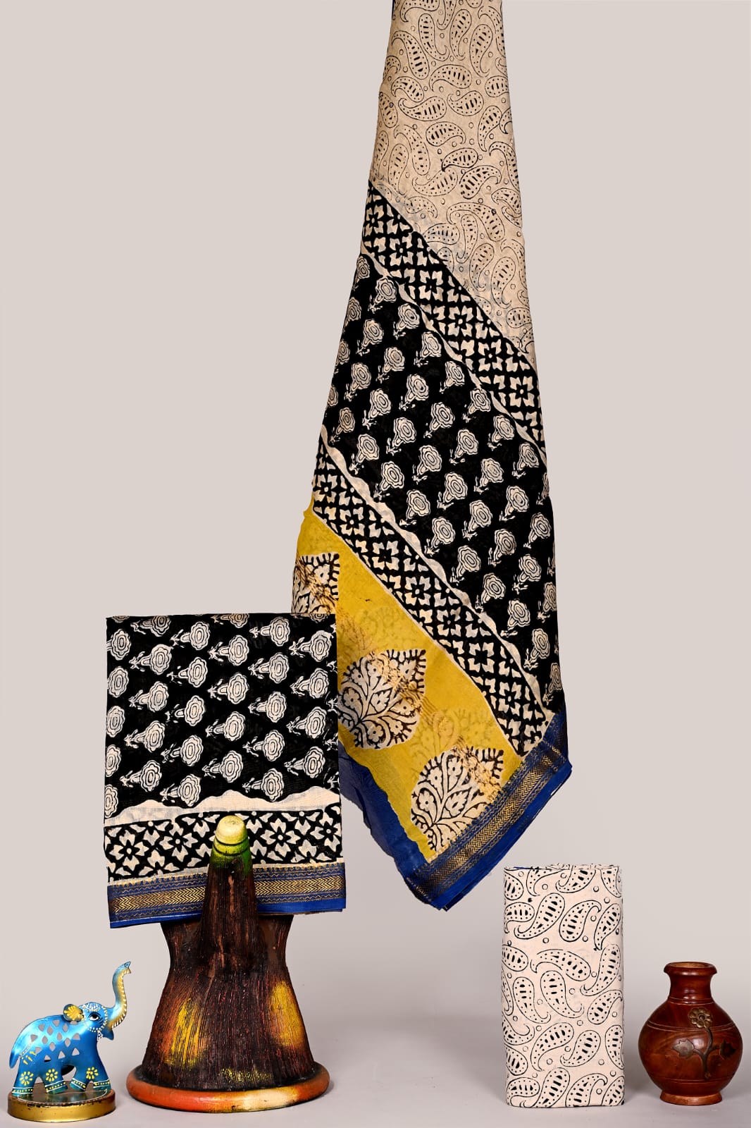 Hand Block Printed Yellow Maheshwari Silk Zari Border Suit