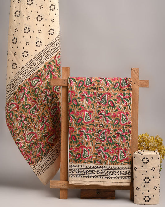 Hand Block Print Cotton Suit With Mulmul Dupatta