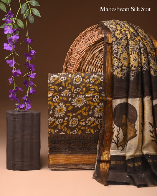 Bagru Hand Block Print Maheshwari Silk Suit