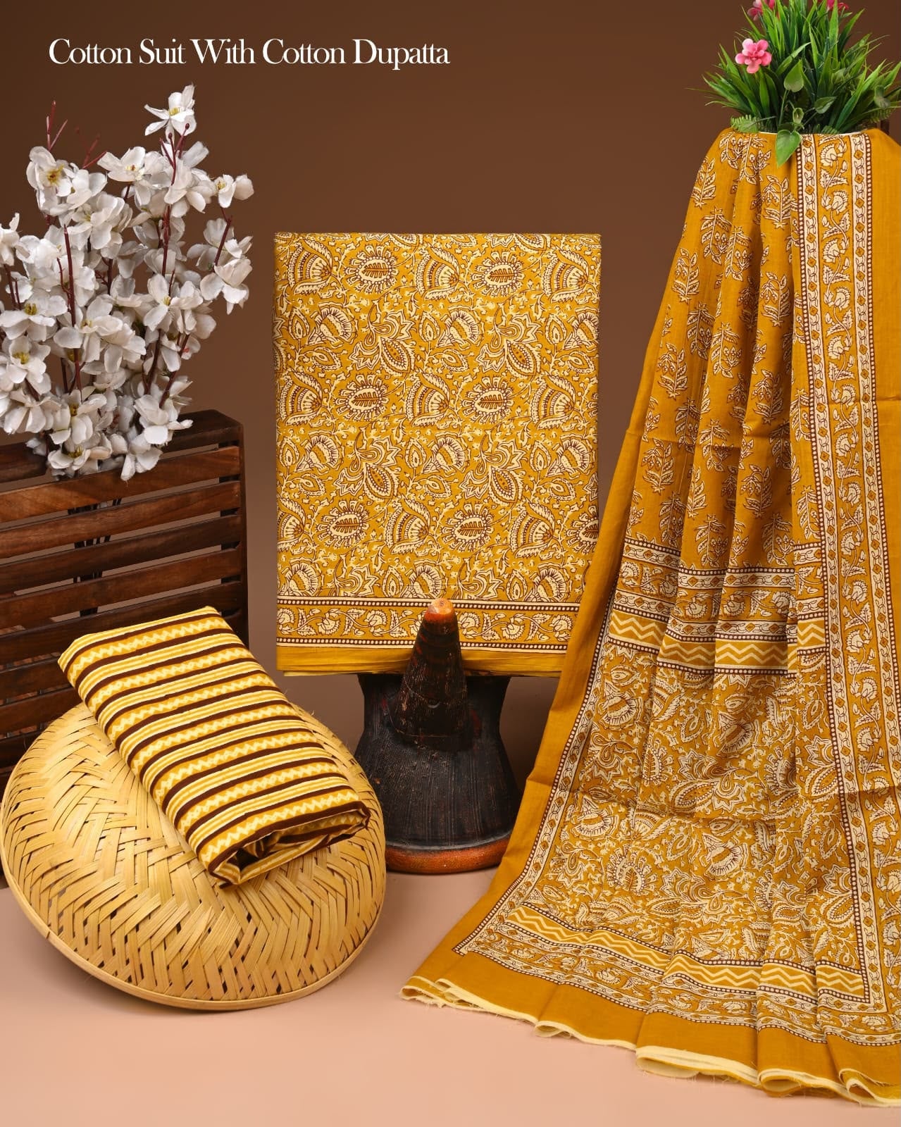 Hand Block Printed Organic Cotton Suit With Mulmul Dupatta