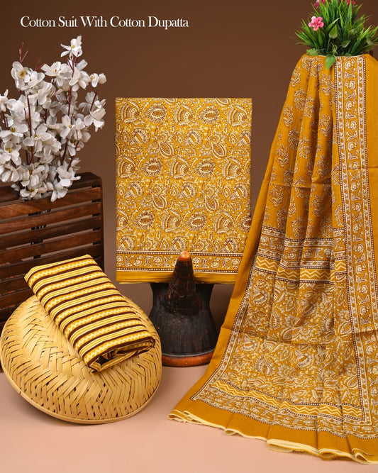 Hand Block Printed Organic Cotton Suit With Mulmul Dupatta