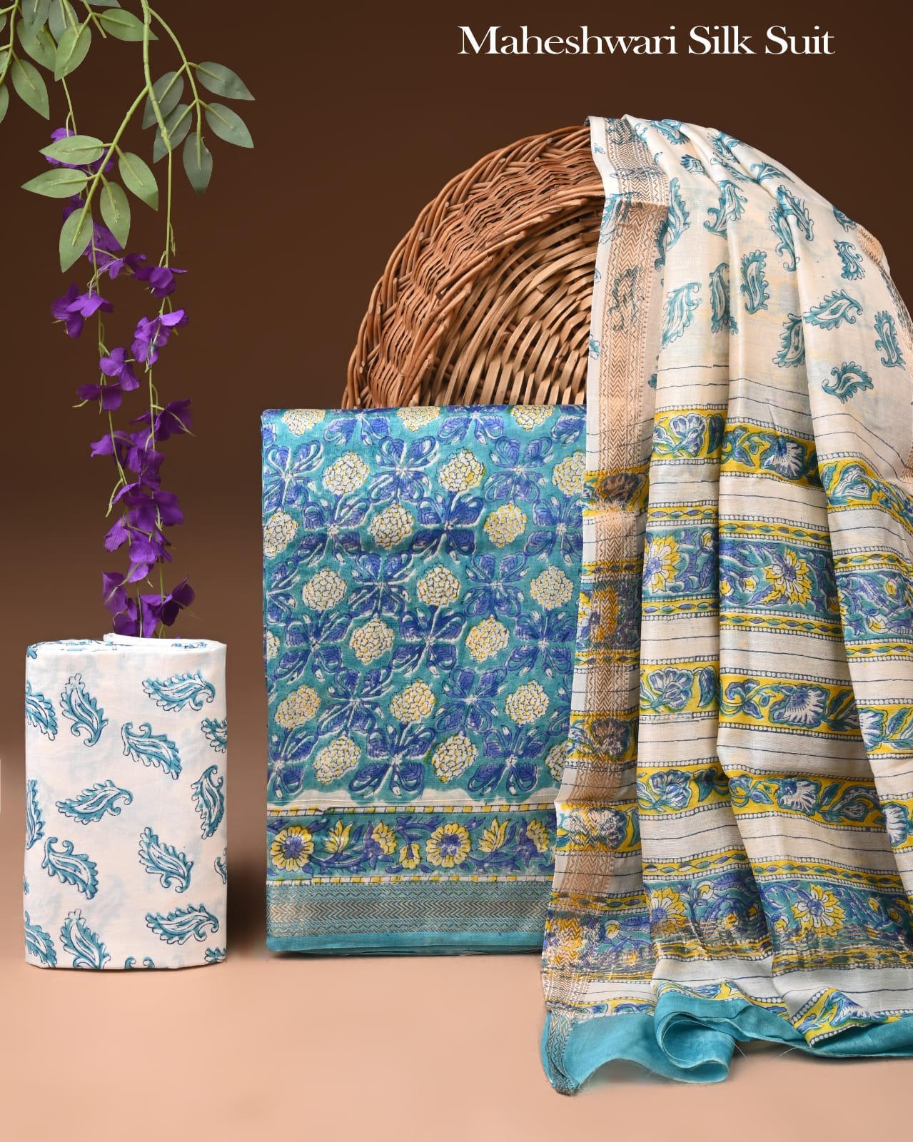 Hand Block Printed Maheshwari Silk Geecha Border Suit