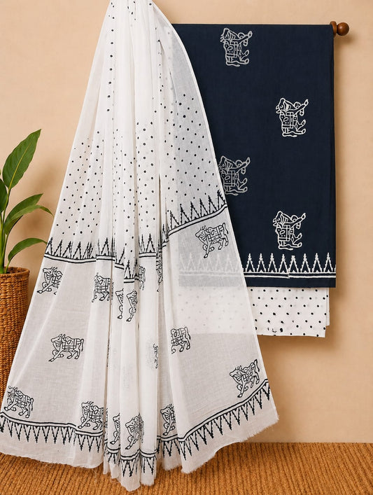 Traditional Hand Block Printed Cotton Suit with Matching Cotton Dupatta 33