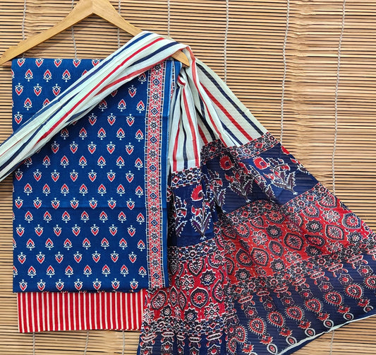 Jaipuri Print Soft Cotton Suit With Mulmul Dupatta