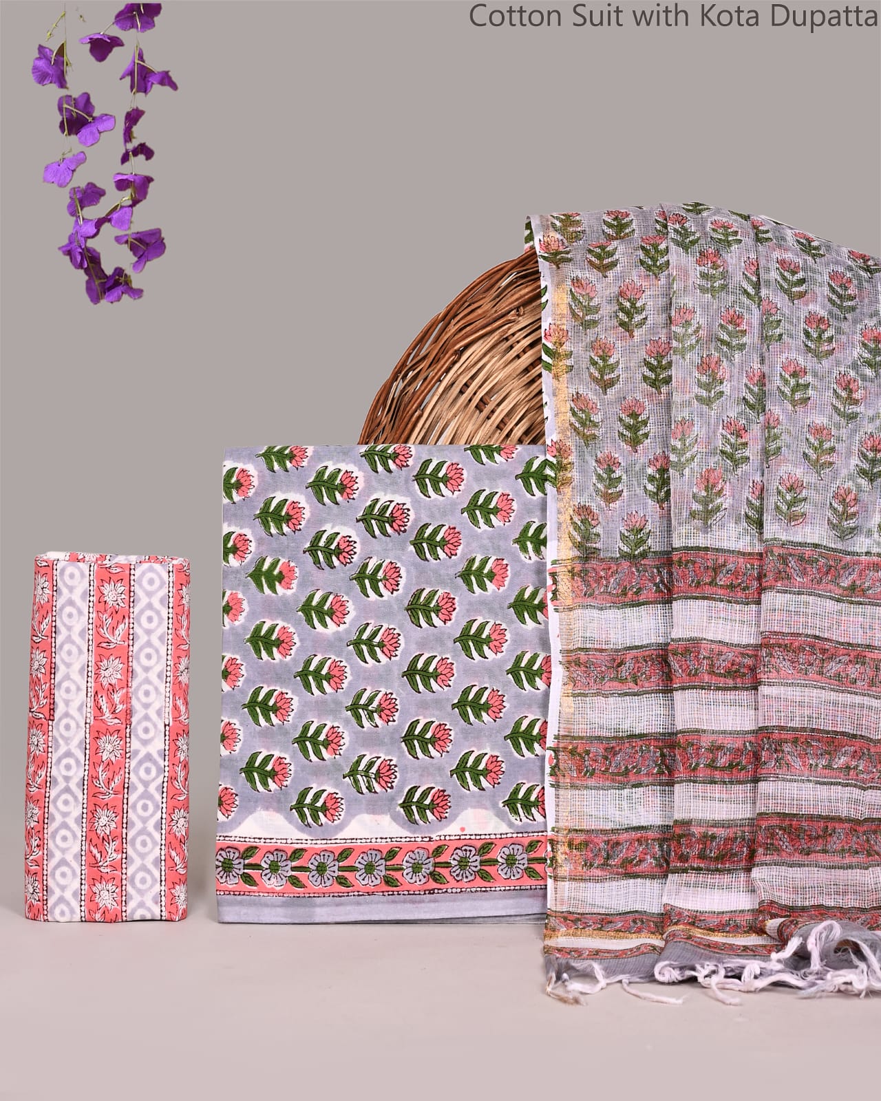 Premium Hand Block Printed Cotton Suit With Kota Doria Dupatta