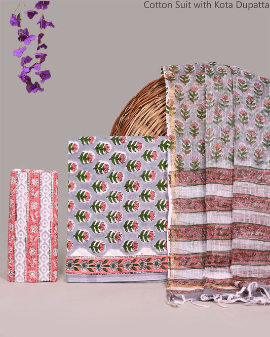Premium Hand Block Printed Cotton Suit With Kota Doria Dupatta