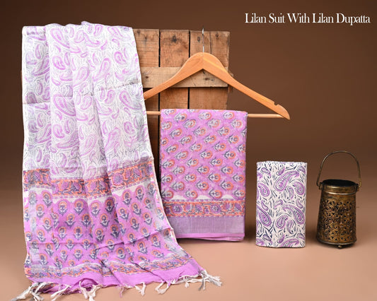 Premium Hand Printed Lilen Suit With Lilen