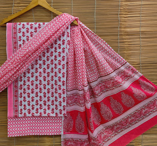 Hand Block Printed Cotton Suit With Mulmul Dupatta