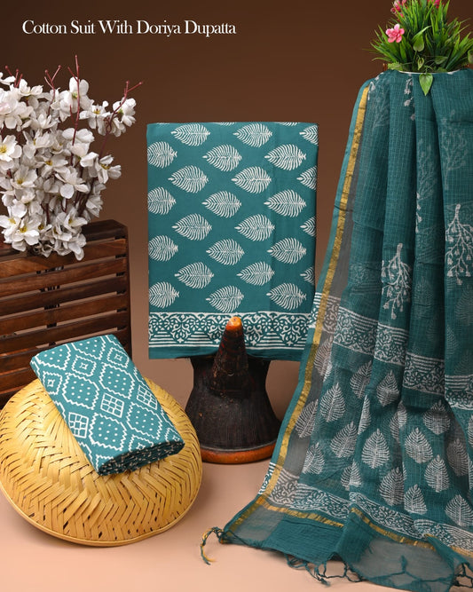Hand Block Printed Cotton Suit With Kota Doria Dupatta