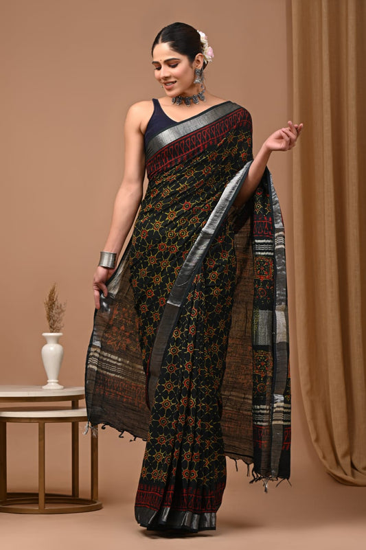 Elegant Hand Printed Pure Linen Saree