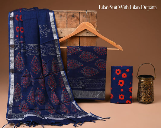 Bagru Hand Block Printed Lilen Suit with Lilen Dupatta