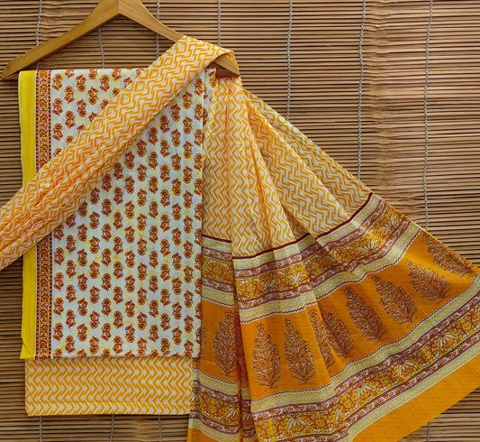 Hand Block Print Cotton Suit With Mulmul Dupatta