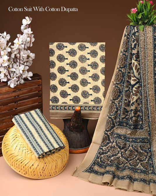 Hand Block Printed Soft Cotton Suit Set With Mulmul Dupatta