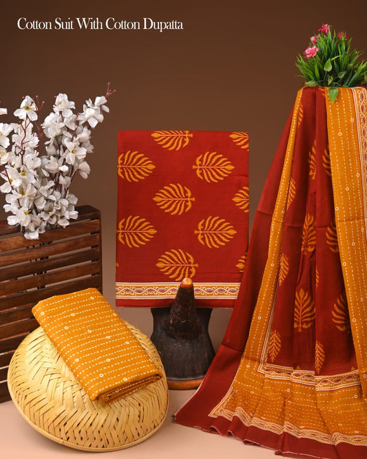 Bagru Print Soft Cotton Suit Set With Mulmul Dupatta