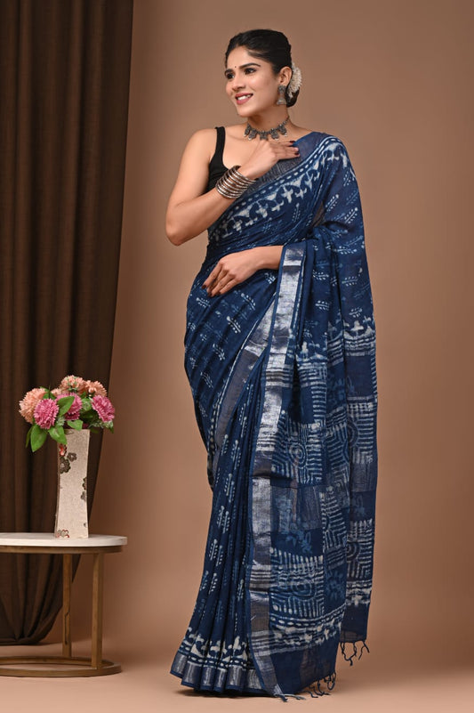 Handcrafted Linen Saree With Traditional Dabu Prints