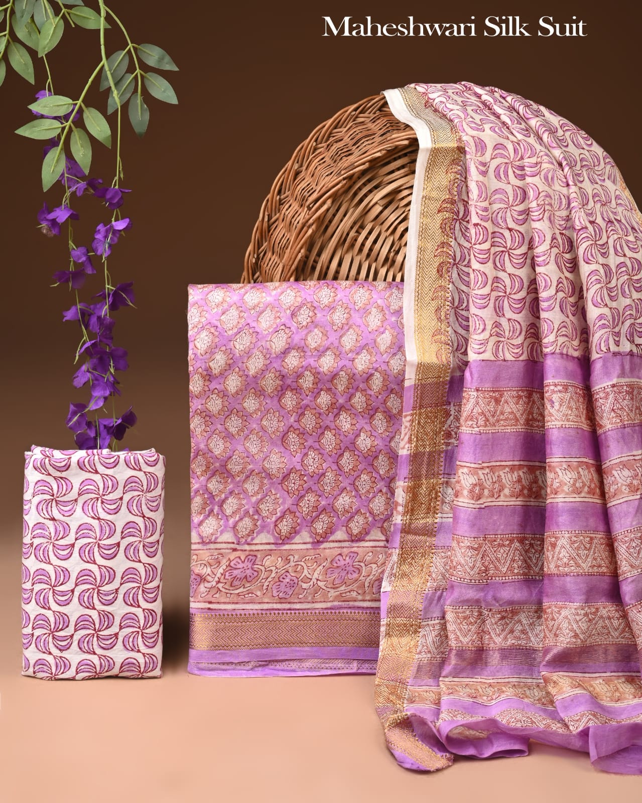 Exclusive Hand Block Printed Maheshwari Silk Suit