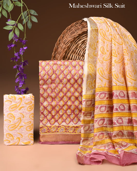 Exclusive Hand Block Print Maheshwari Silk Suit Set
