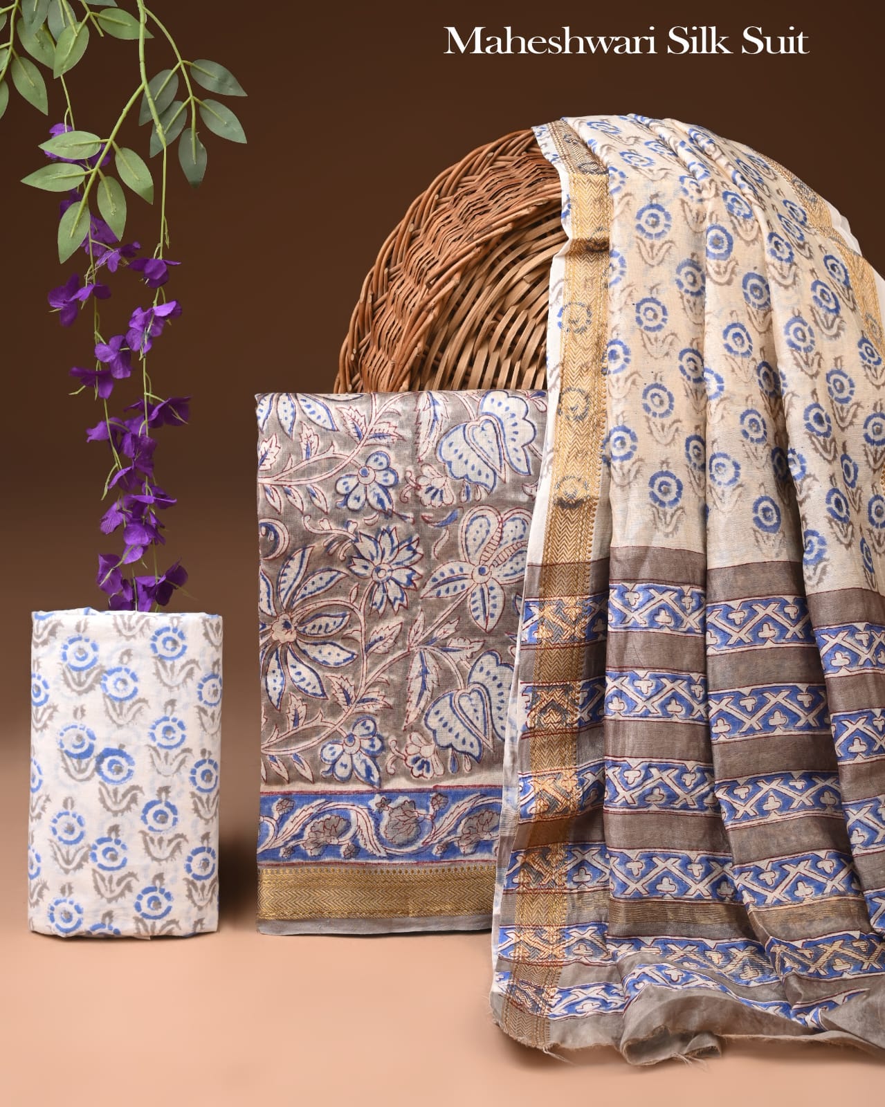 Premium Hand Block Print Maheshwari Silk Suit