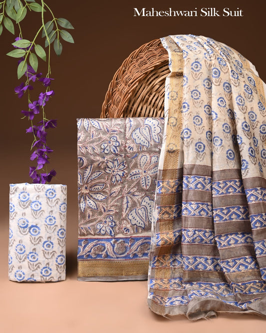 Premium Hand Block Print Maheshwari Silk Suit
