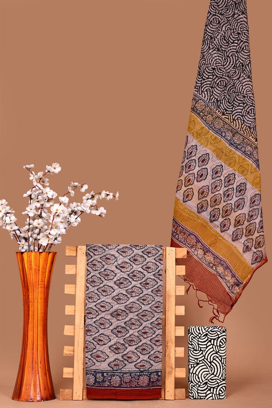 Soft Kota Cotton Dress Material with Hand Block Print & Cotton Bottom