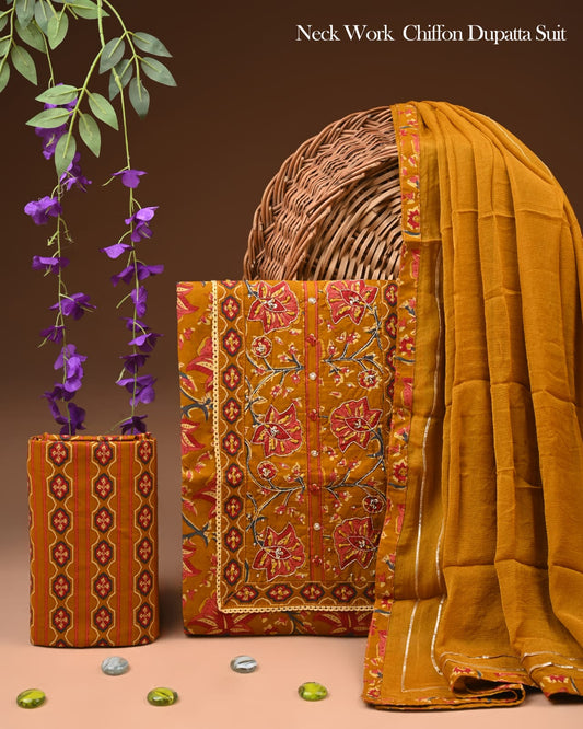Organic Cotton Gota Patti Work Suit With Chiffon Dupatta