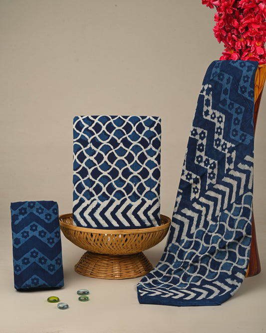 Hand Block Printed Organic Cotton Suit With Mulmul Dupatta